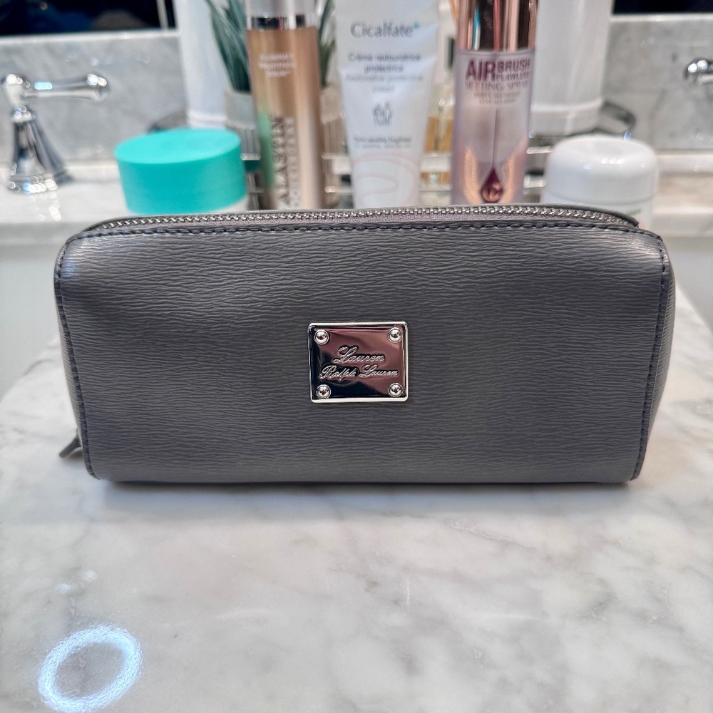 Ralph Lauren Leather Cosmetic Travel Toiletry Bag Pouch Gray - Picture 1 of 6